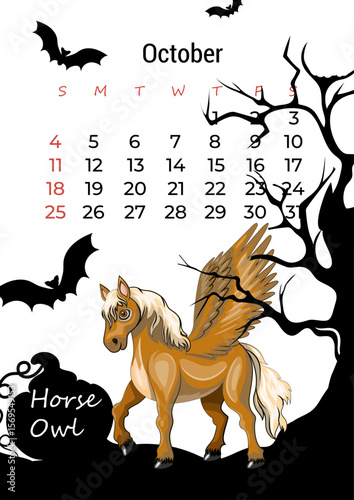Calendar 2026 horse owl october
