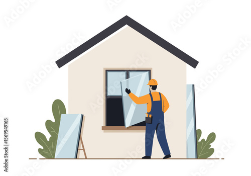 Worker replace window pane on house exterior in daylight, isolated on transparent background    