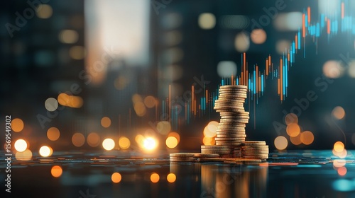 Investment trends in finance urban cityscape digital art nighttime setting aerial view economic growth visualization