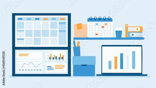 Illustration of a workspace with calendar, charts, laptop, and office supplies displayed nicely