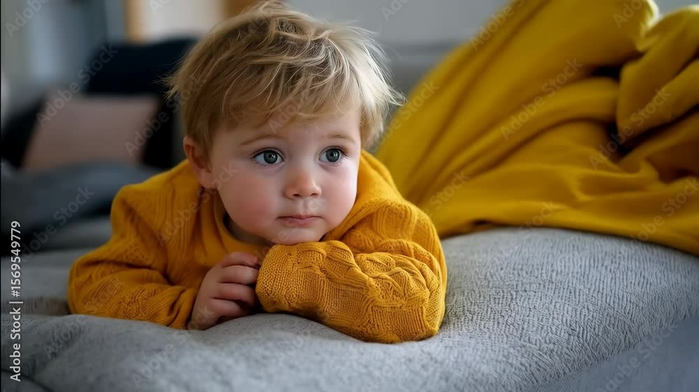 An adorable toddler lying comfortably on a bed, filled with curiosity An adorable toddler lying comfortably on a bed, filled with curiosity