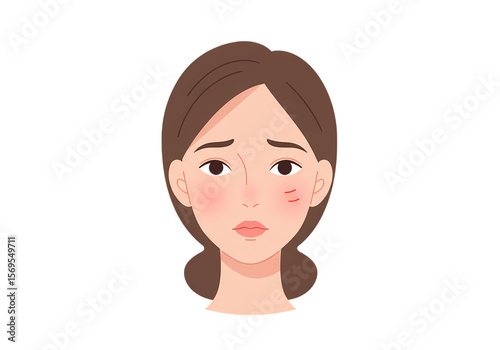 Young woman with sensitive skin displaying concern and redness isolated on transparent background  