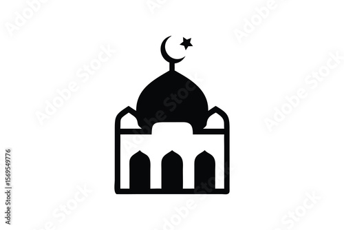 Simple black silhouette of a mosque with a dome and crescent moon and star on top representing islamic architecture and religious symbolism on a clean white background