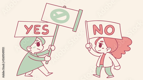 Cartoon characters holding protest signs:  a conflicted "yes" versus a decisive "no,"  featuring a minimalist, pastel color palette, conveying a playful yet serious mood about decision-making.