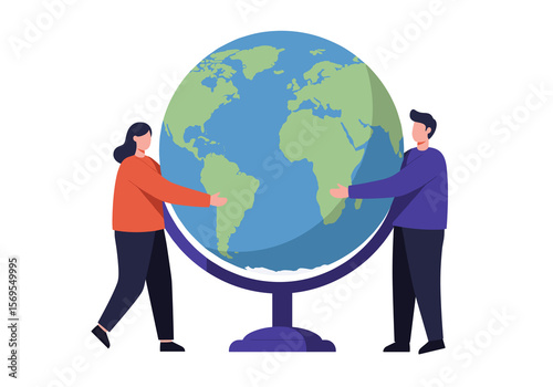 Two people holding a globe and exploring geography together isolated on transparent background