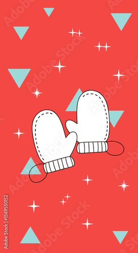 Festive mittens with a cozy mood on a bright red background
