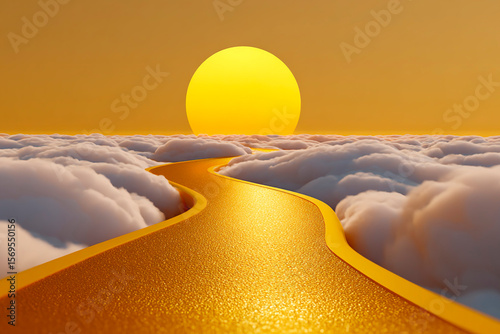 Golden winding road stretching through fluffy clouds toward a glowing sun in a surreal fantasy scene, blending dreamlike atmosphere with symbolic journey concept
