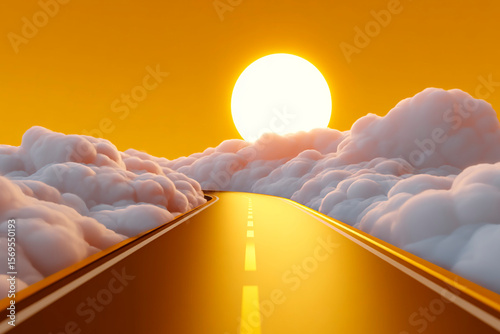 Endless highway stretching through fluffy clouds toward a glowing sun in a golden sky, blending road trip symbolism with fantasy in a surreal dreamlike composition