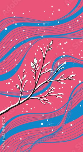 Stylized snowy branch with a wintry mood on a bright pink background
