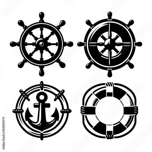 Nautical symbols featuring ship wheels anchor and life preserver