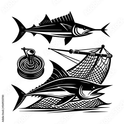 Marlin fishing icons with net and reel on white background