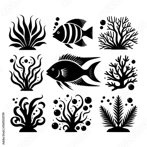 Stylized black silhouettes of aquatic life and coral reef elements