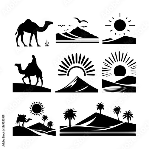 Desert and mountain silhouettes featuring camels sunsets and palm trees