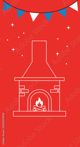Stylized fireplace with a cozy mood on a bright red background
