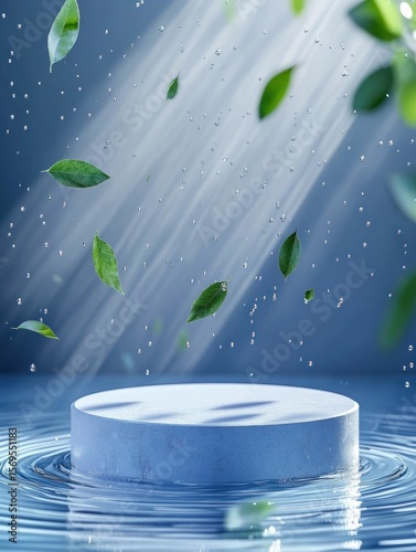 Empty light blue cylindrical podium is set in rippling water with falling green leaves and water droplets under a beam of light. Ideal for natural cosmetic product display
