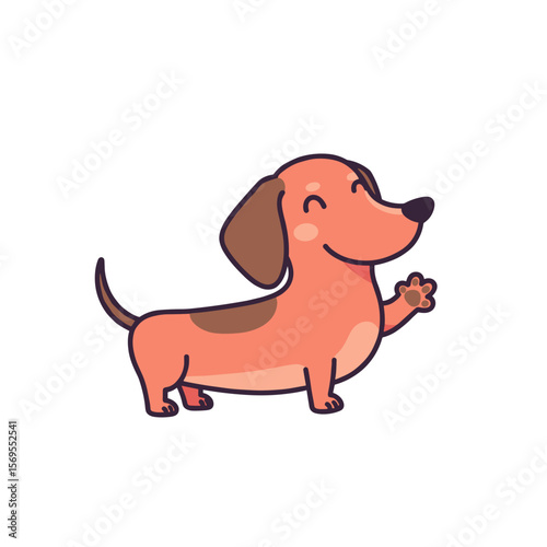 Cute cartoon dachshund waving happily, standing cheerfully