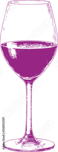 A fine-detail sketch of a wine glass filled with red wine. Perfect for wine tasting guides, sommelier menus, bar graphics, and refined culinary branding.