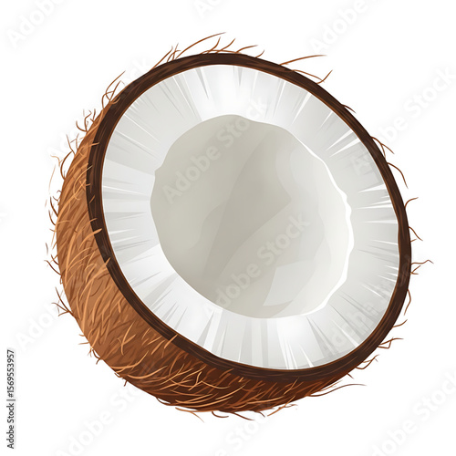 Half of a Fresh Coconut Isolated on Transparent Background, Cut Open Tropical Coconut - White Flesh and Brown Shell, Realistic Illustration of a Sliced Coconut.