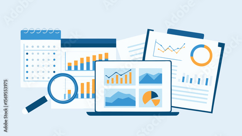Illustration of data analysis with calendar, laptop, magnifying glass and chart documents