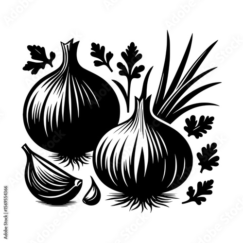 Stylized black and white illustration of onions garlic and parsley