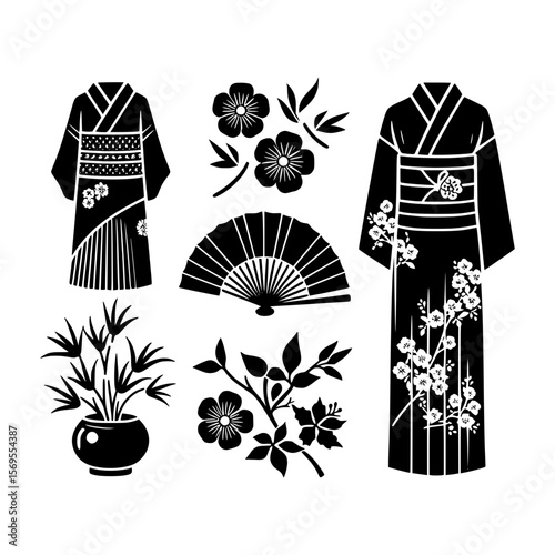 Collection of black and white japanese cultural icons including kimonos flowers and a fan