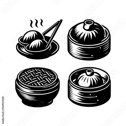 Collection of four black and white stylized illustrations of dim sum dishes