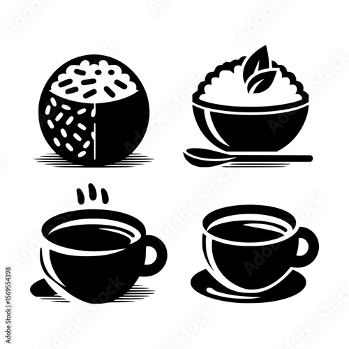 Four black and white icons representing food and beverages including sushi coffee and a bowl of food