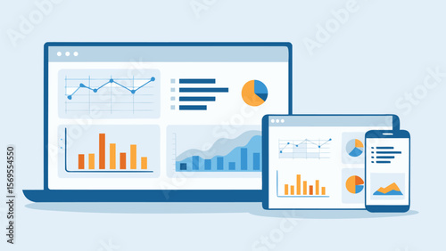 Laptop tablet and phone displaying data charts and graphs for business analysis overview report view