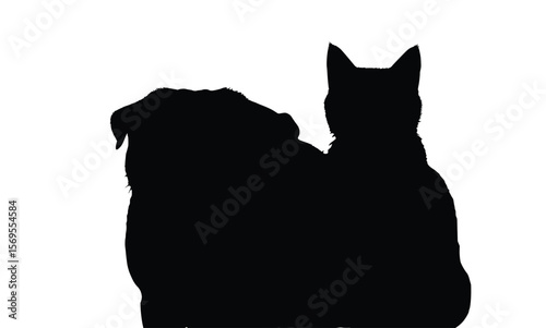 "Front View Silhouette of Cat and Dog Sitting Together"