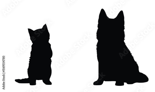 "Cat and Dog Silhouette Sitting Side by Side Vector"