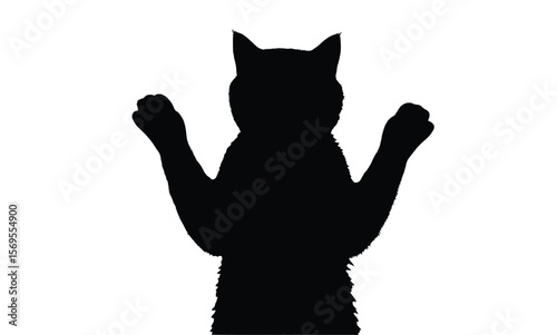 Cat silhouette standing with raised paws on white background

