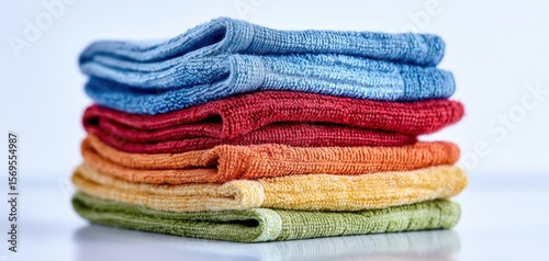 The vibrant stack of colorful towels neatly arranged for household use