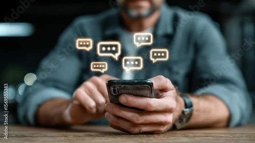 Man in Gray Shirt Typing on Mobile Phone with Glowing Chat Bubbles on Wood Table in Dark Room with Bokeh