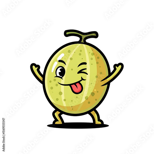 Happy Winking Melon: A Playful Cartoon Fruit Character, 
Joyful Melon Illustration with a Cheeky Wink and Tongue, 
Cute Green and Yellow Melon with Expressive Face.