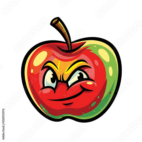 Mischievous Apple: Cartoon Fruit with a Playful Wink, 
Winking Red and Green Apple Character Illustration, 
Cute Apple with a Sly Grin and Expressive Face.