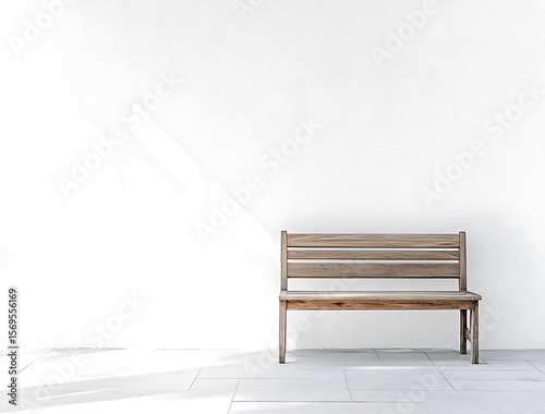 Wooden bench with white wall, and sunlight.
