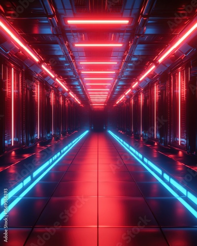 Futuristic Dark Corridor with Red and Blue Neon Lights futuristic corridor dark sci-fi tunnel neon lights red light blue light glowing metal abstract digital technology cyberspace cyberpunk infinity