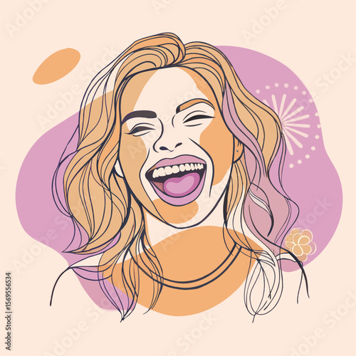 Blonde girl with long hair laughing with closed eyes.