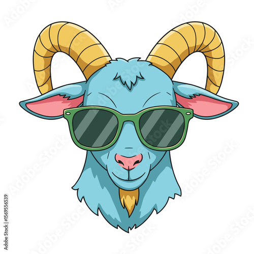 Stylish cartoon goat wearing green sunglasses, looking cool and confident