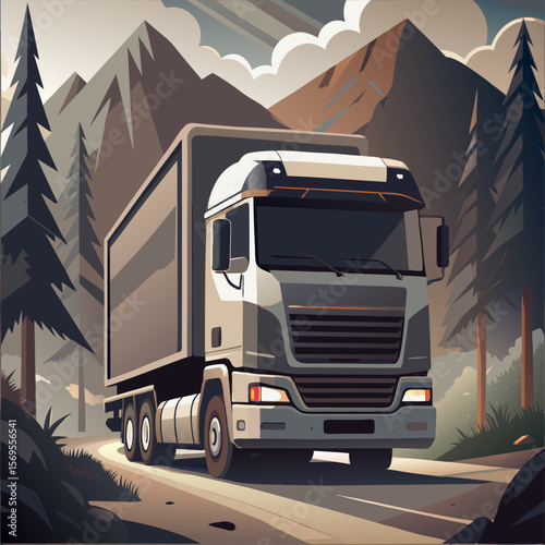 Modern Truck Traveling Through a Forested Mountain Road.