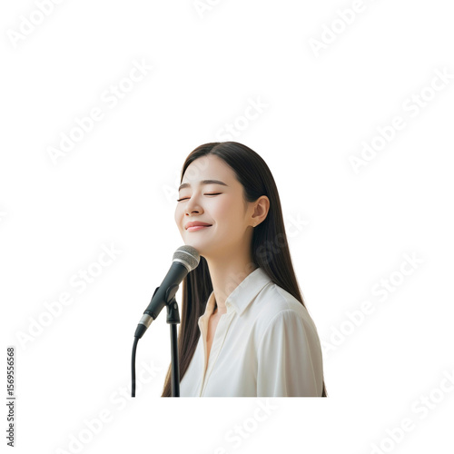 Serene Young Woman Singing into Microphone, Eyes Closed in Peaceful Expression