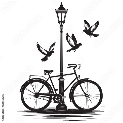 Black silhouette of a vintage bicycle parked next to an ornate lamppost with three birds flying around it