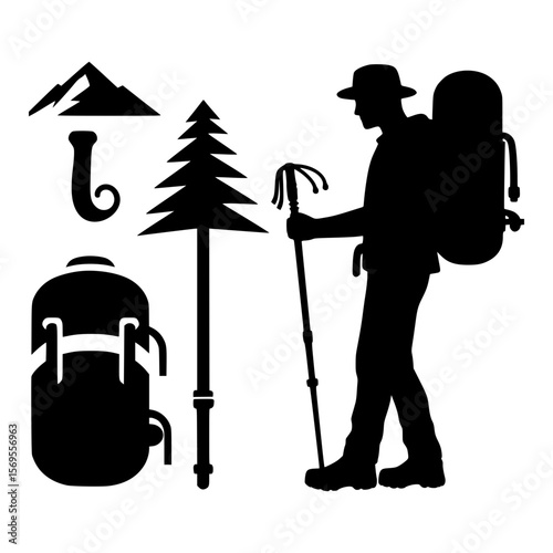 Silhouette of a hiker with backpack and trekking poles against a white background