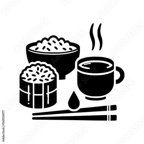 Japanese food icons featuring sushi rice bowl hot drink and chopsticks