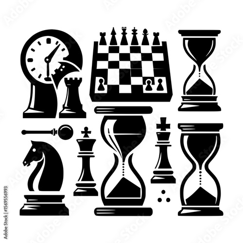 Collection of stylized black and white chess pieces hourglasses and clock