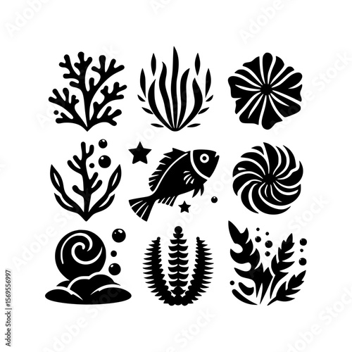 Collection of black and white nautical and marine life silhouettes on white background