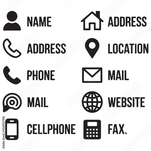 Collection of simple black icons representing contact information like name address phone mail location website and fax