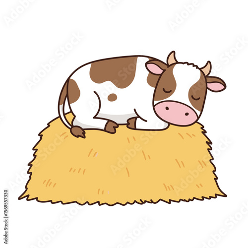 Cute cow sleeping on a haystack, vector icon sticker, cozy design, farm theme