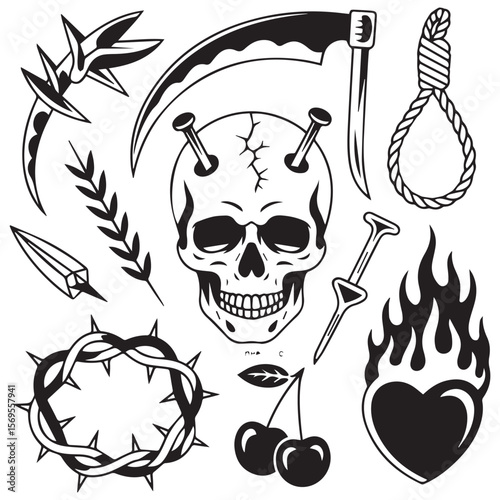 Collection of black and white tattoo flash art featuring a skull with nails a scythe a noose a crown of thorns flaming heart cherries and other gothic elements