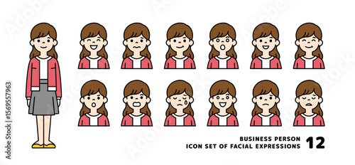 オフィスカジュアルの若い女性の、いろいろな表情のアバターアイコン素材セット＿ベクター＿カラー